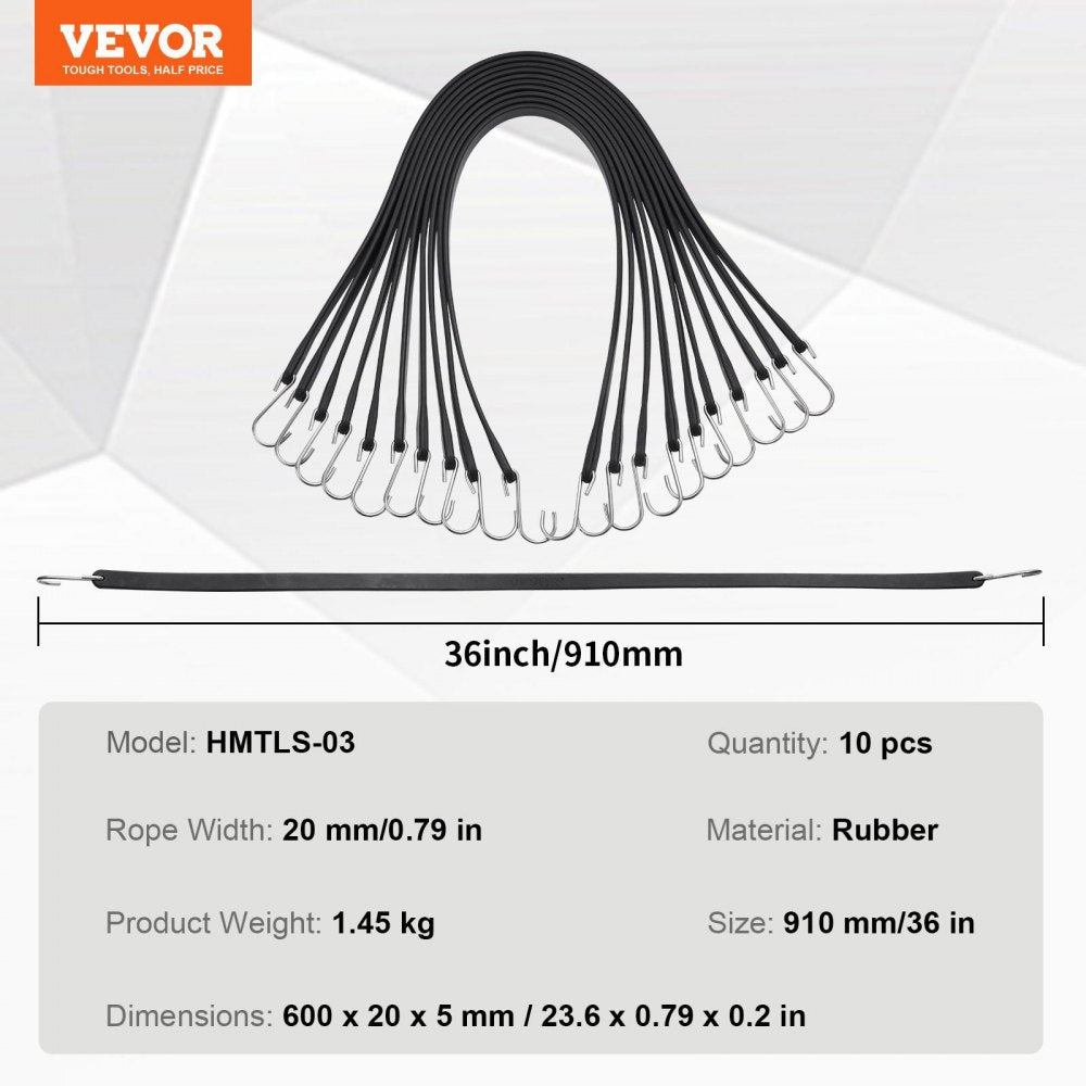 10 Pcs Flat Bungee Cord Set 20 mm Heavy Duty Bungee Straps with S-Hook 36"