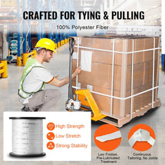 Polyester Pull Tape, 1/2" x 528` Mule Tape Flat Rope, 1250 lbf Tensile Capacity, Printed Webbing Cable Pulling Tape for Packaging, Gardening, Commercial Electrical, Conduit Work, White