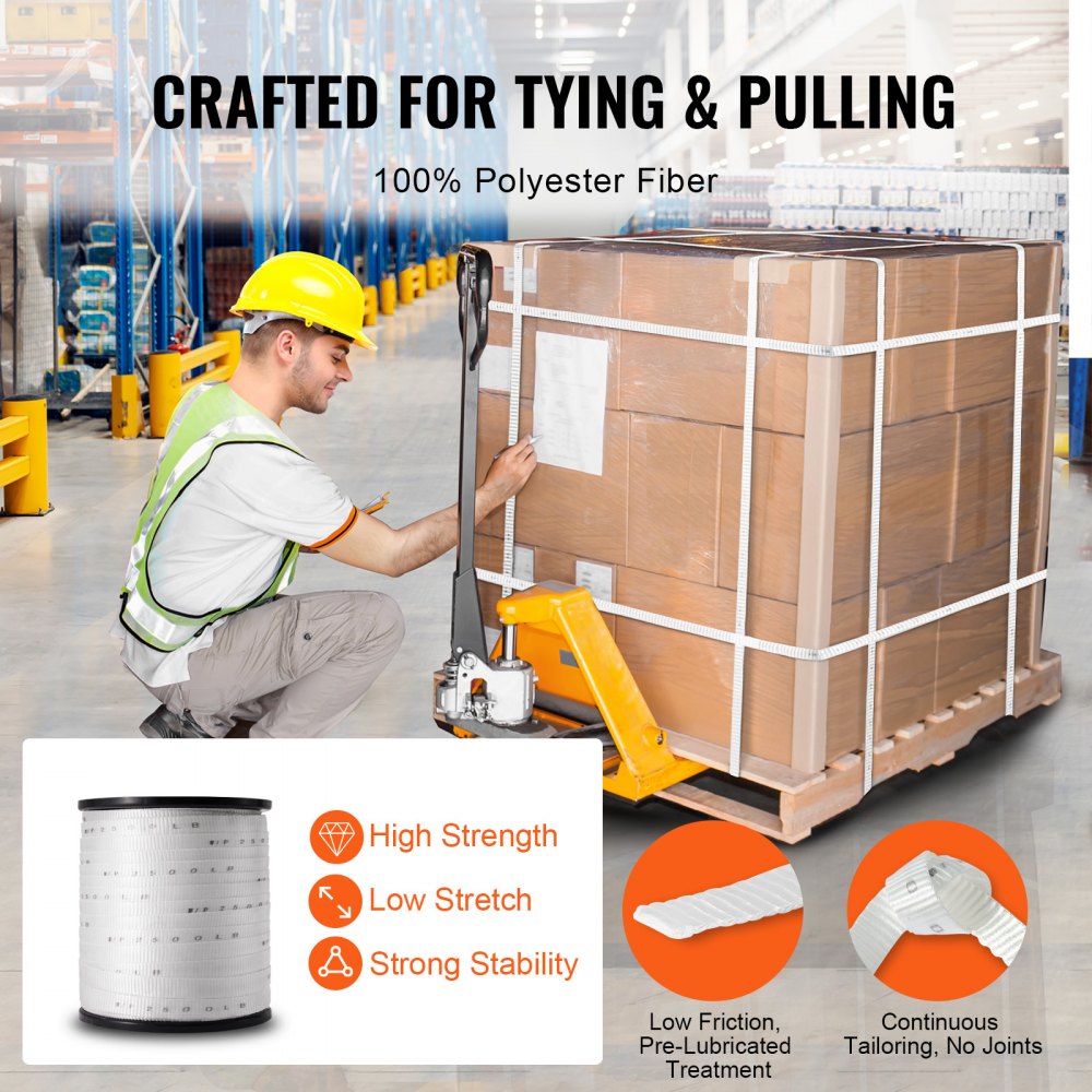 Polyester Pull Tape, 3/4" x 528` Mule Tape Flat Rope, 2500 lbf Tensile Capacity, Printed Webbing Cable Pulling Tape for Packaging, Gardening, Commercial Electrical, Conduit Work, White