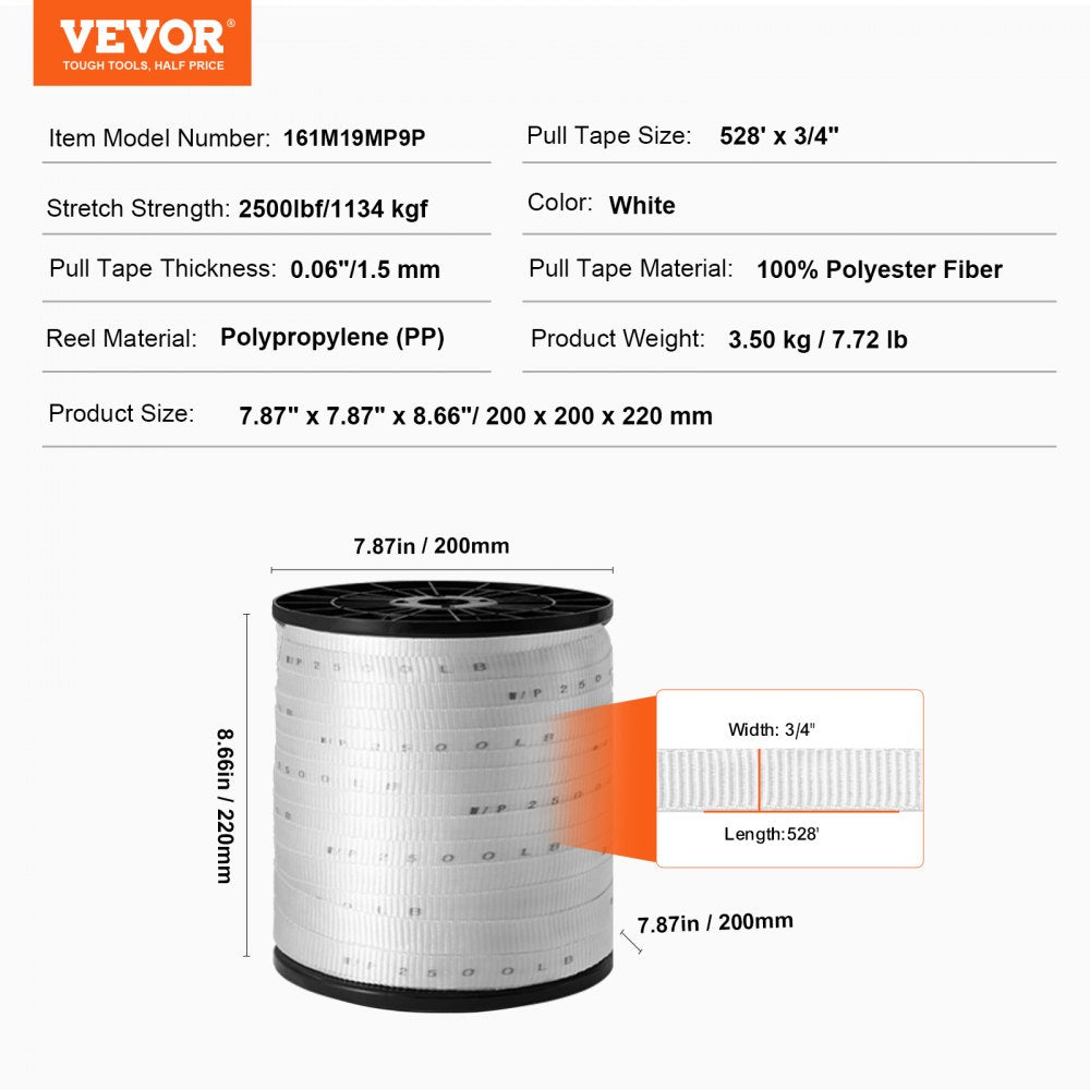 Polyester Pull Tape, 3/4" x 528` Mule Tape Flat Rope, 2500 lbf Tensile Capacity, Printed Webbing Cable Pulling Tape for Packaging, Gardening, Commercial Electrical, Conduit Work, White