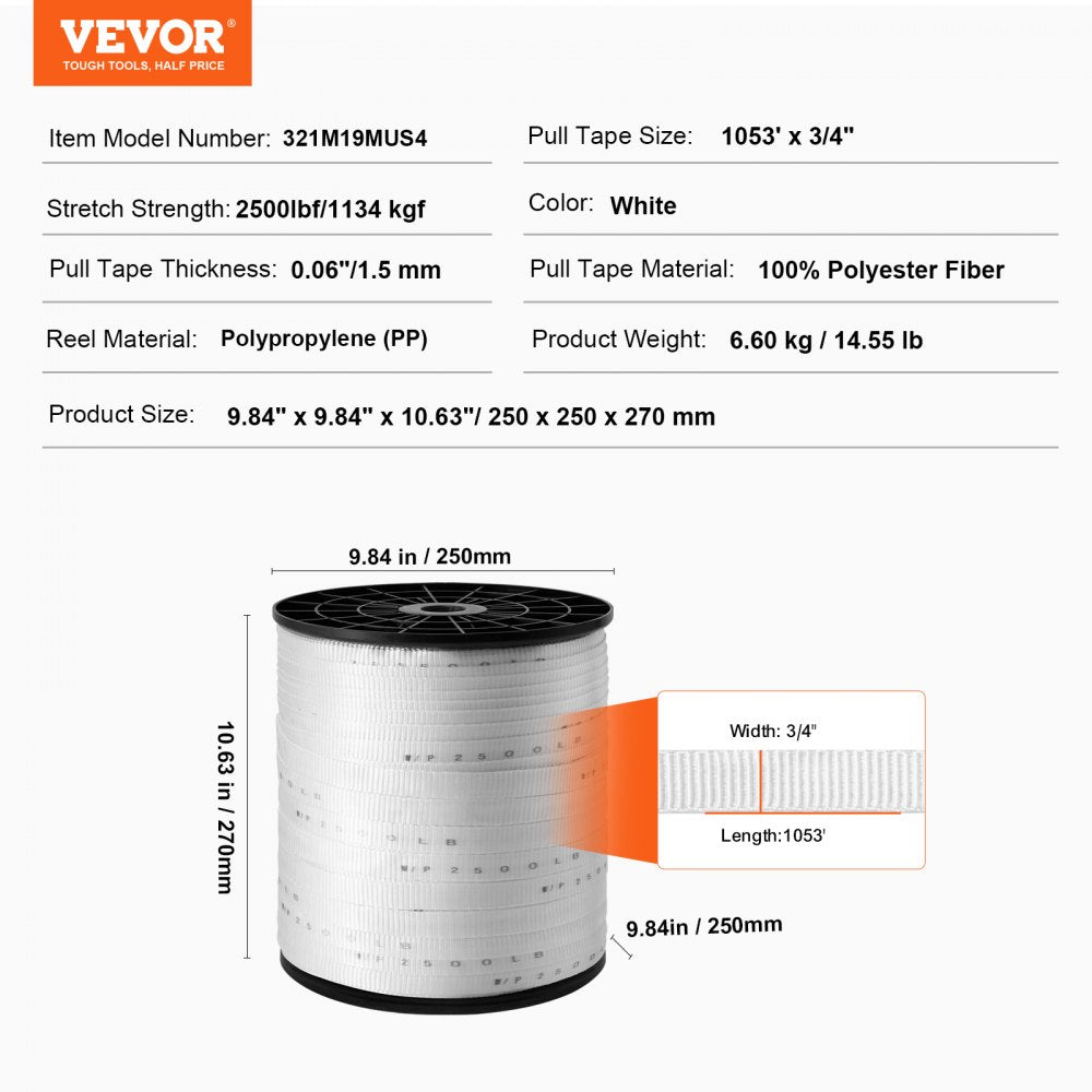 Polyester Pull Tape, 3/4" x 1053` Mule Tape Flat Rope, 2500 lbf Tensile Capacity, Printed Webbing Cable Pulling Tape for Packaging, Gardening, Commercial Electrical, Conduit Work, White