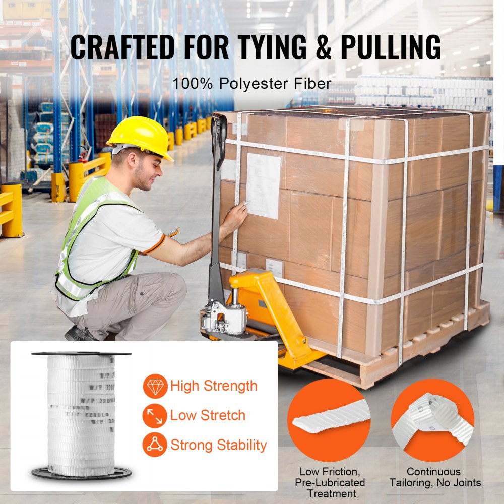 Polyester Pull Tape, 5/8" x 108` Mule Tape Flat Rope, 2200 lbf Tensile Capacity, Printed Webbing Cable Pulling Tape for Packaging, Gardening, Commercial Electrical, Conduit Work, White