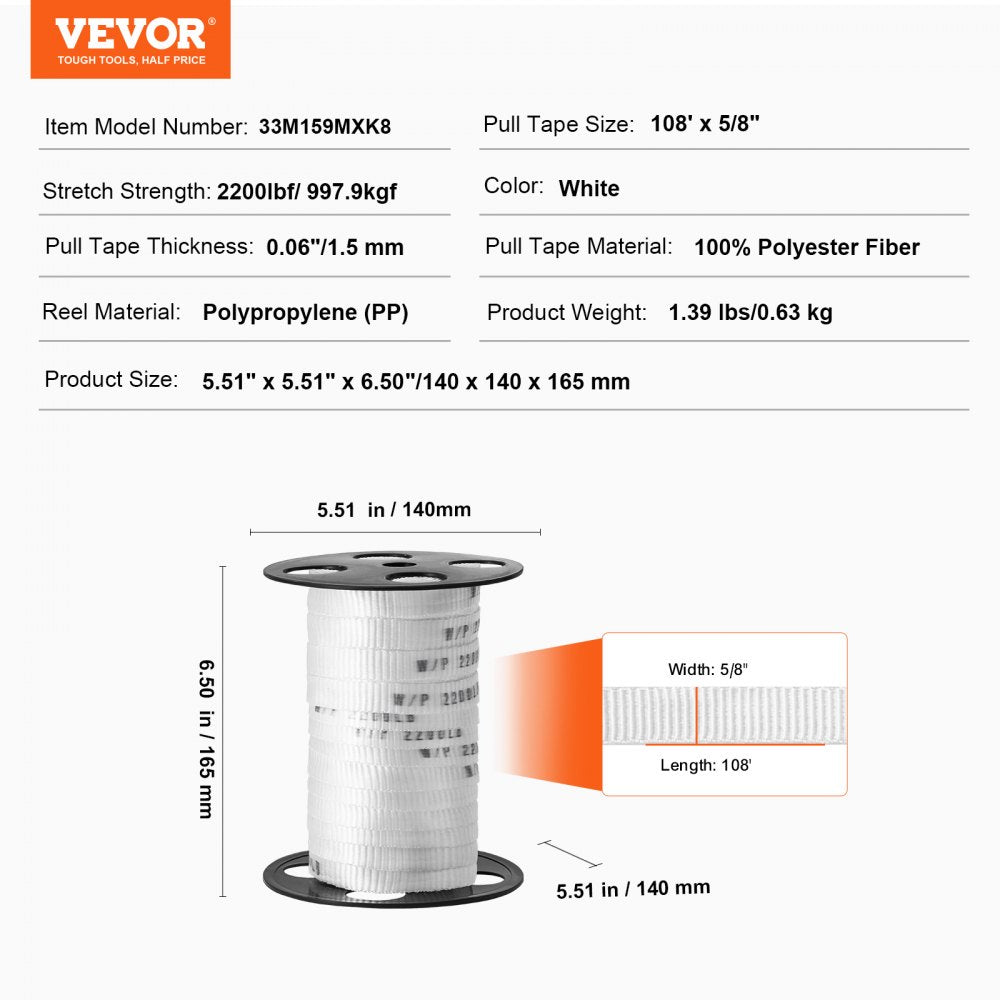 Polyester Pull Tape, 5/8" x 108` Mule Tape Flat Rope, 2200 lbf Tensile Capacity, Printed Webbing Cable Pulling Tape for Packaging, Gardening, Commercial Electrical, Conduit Work, White