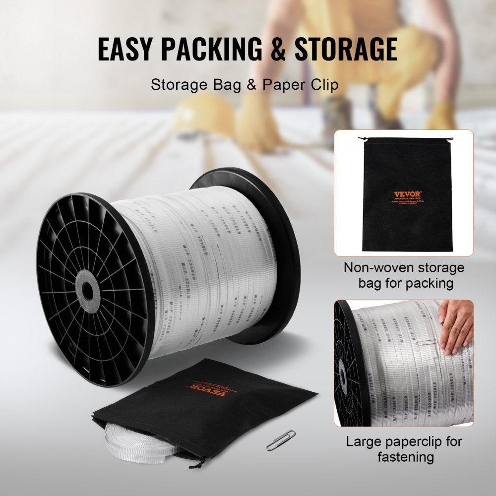 A 3153 ft roll of 1/2-inch white polyester pull tape with 1250 lbf strength, storage bag, and metal clip.