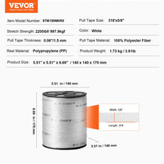 Polyester Pull Tape, 5/8" x 318` Mule Tape Flat Rope, 2200 lbf Tensile Capacity, Printed Webbing Cable Pulling Tape for Packaging, Gardening, Commercial Electrical, Conduit Work, White
