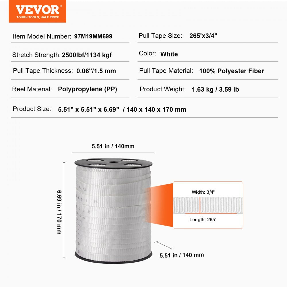 Polyester Pull Tape, 3/4" x 265` Mule Tape Flat Rope, 2500 lbf Tensile Capacity, Printed Webbing Cable Pulling Tape for Packaging, Gardening, Commercial Electrical, Conduit Work, White