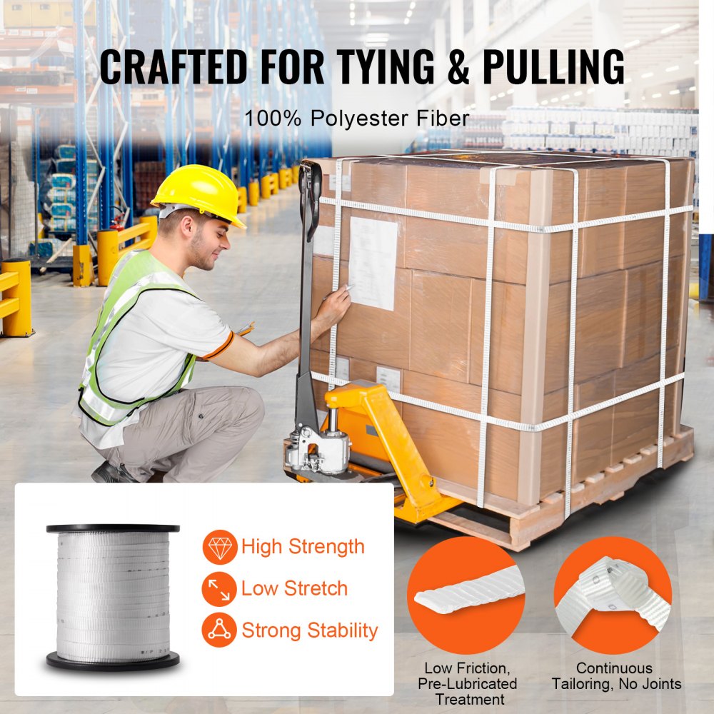 Polyester Pull Tape, 3/4" x 318` Mule Tape Flat Rope, 2500 lbf Tensile Capacity, Printed Webbing Cable Pulling Tape for Packaging, Gardening, Commercial Electrical, Conduit Work, White
