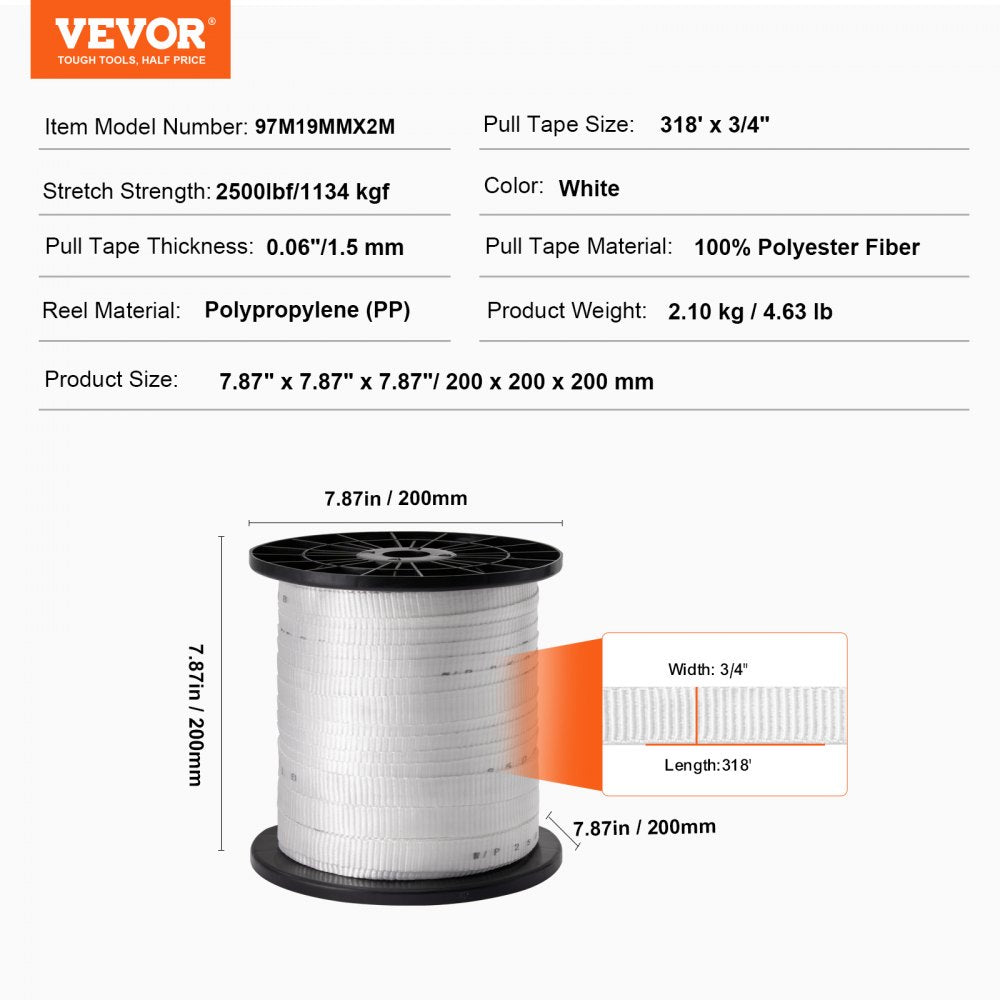 Polyester Pull Tape, 3/4" x 318` Mule Tape Flat Rope, 2500 lbf Tensile Capacity, Printed Webbing Cable Pulling Tape for Packaging, Gardening, Commercial Electrical, Conduit Work, White