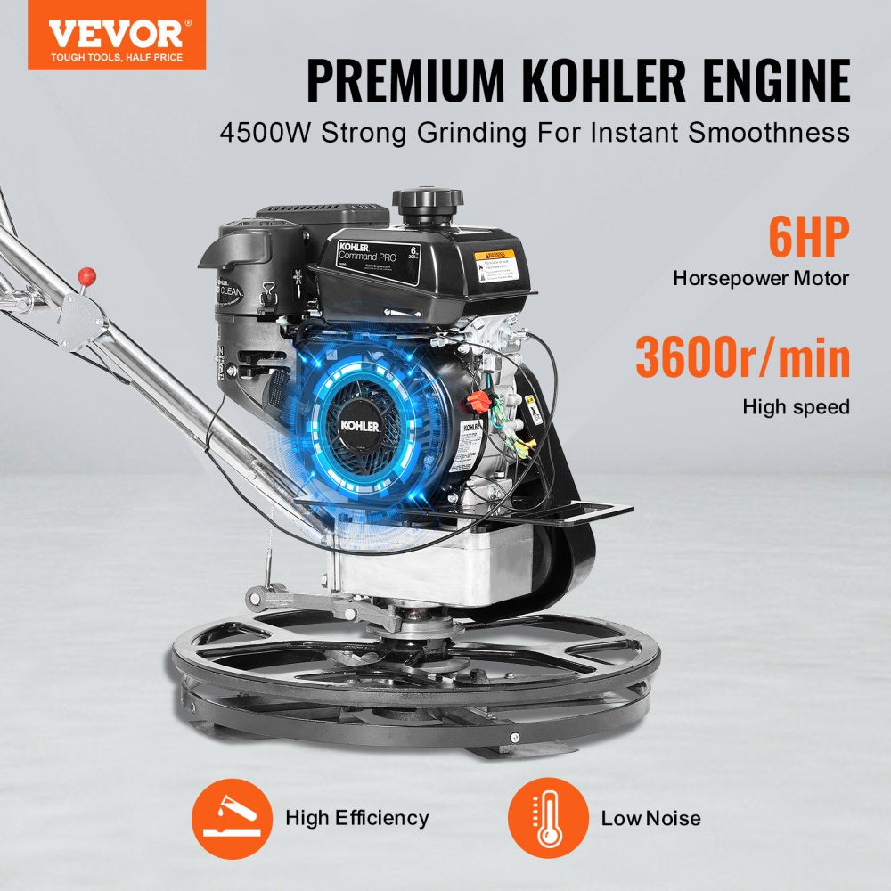 Bostome 24" walk-behind power trowel with 6HP Kohler gas engine and four adjustable steel blades.