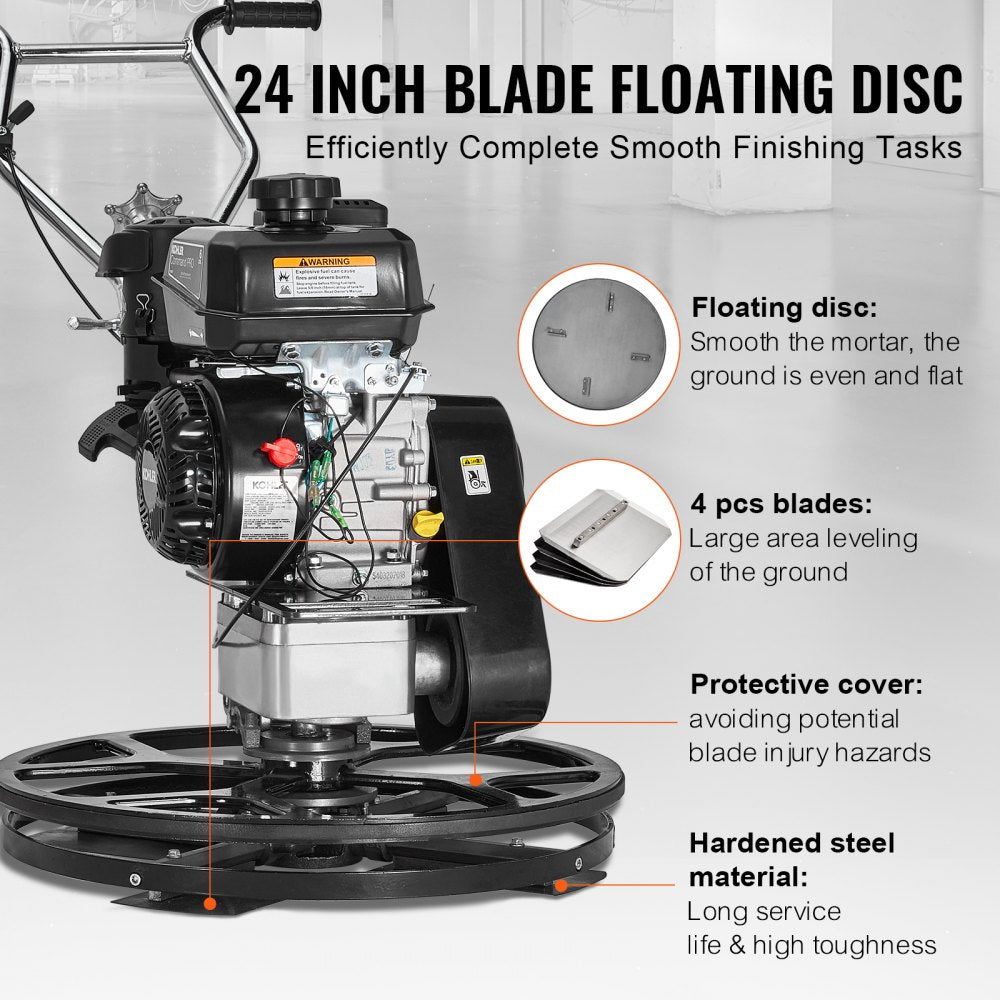 Bostome 24-inch walk-behind power trowel with 6HP Kohler gas engine and four adjustable steel blades.