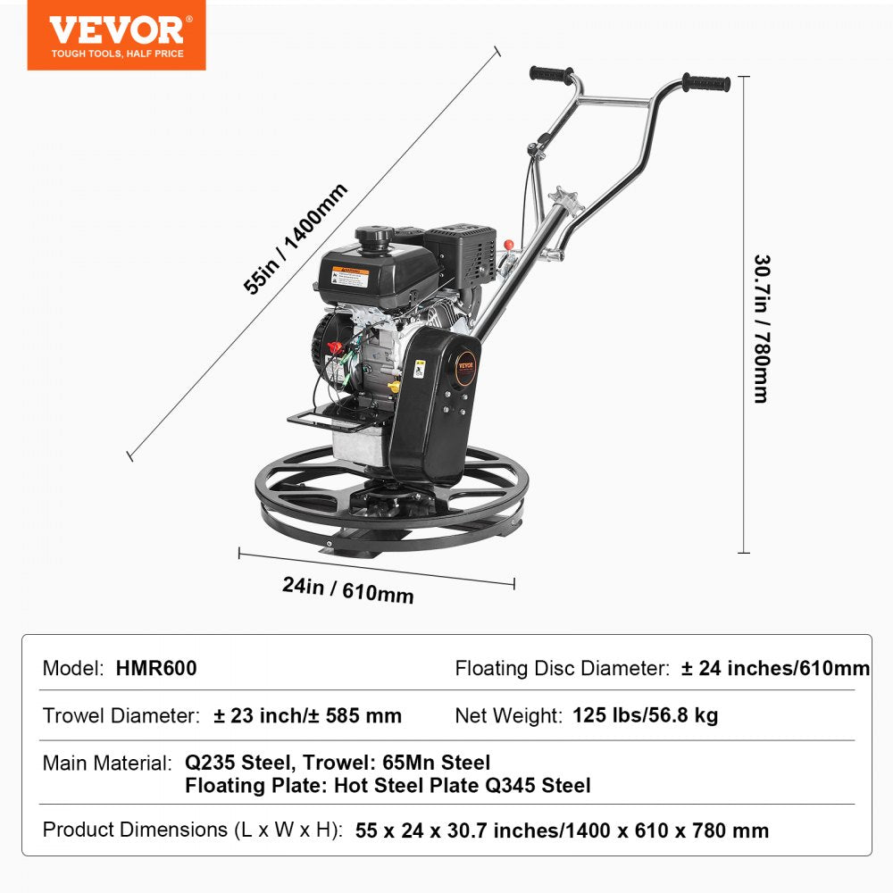 Bostome 24-inch walk-behind power trowel with a 6HP Kohler gas engine and four adjustable blades.