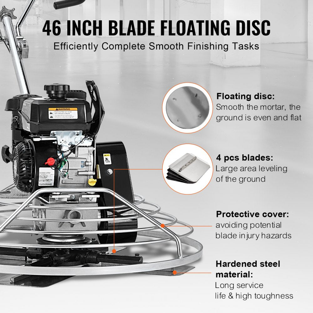 Bostome 46" gas power trowel with a 14HP KOHLER engine and hardened steel blades for concrete finishing.