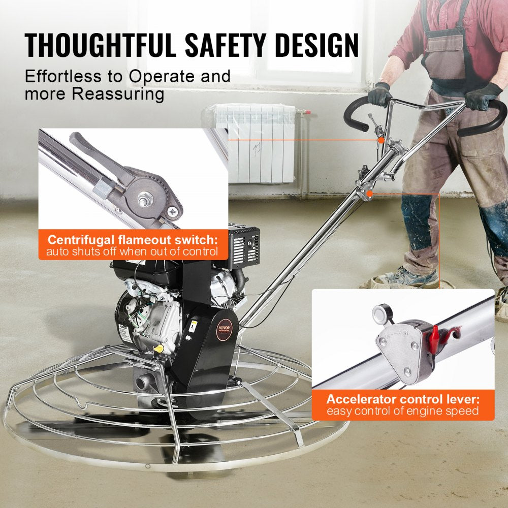 Bostome 46" gas power trowel with 14HP KOHLER engine and hardened steel blades for concrete finishing.