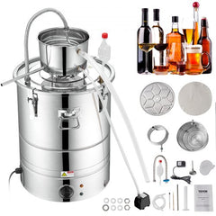 Alcohol Still, 9 Gal 30L Water Alcohol Distiller, Home Distillery Kit include Stainless Steel Tube & Pump & One-way Exhaust Valve & Thermometer (30-120℃ ) for DIY Whisky Wine Brandy, Silver