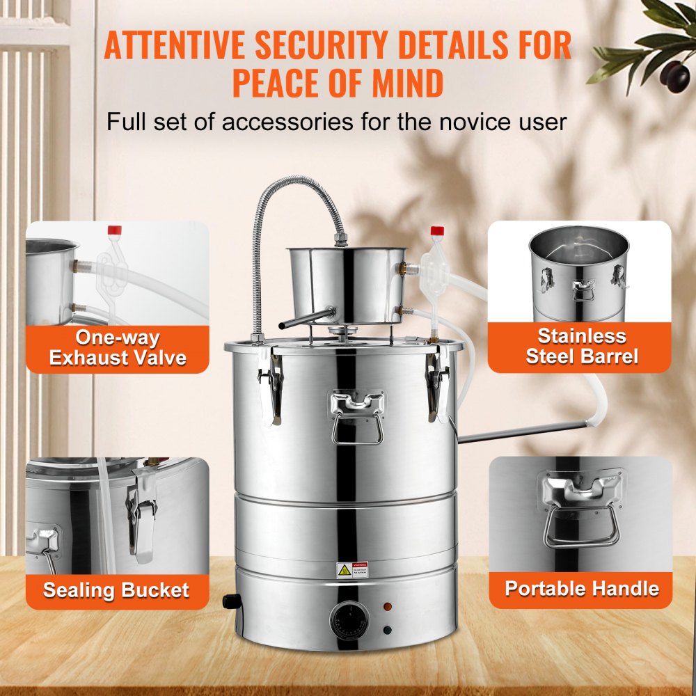 Alcohol Still, 9 Gal 30L Water Alcohol Distiller, Home Distillery Kit include Stainless Steel Tube & Pump & One-way Exhaust Valve & Thermometer (30-120℃ ) for DIY Whisky Wine Brandy, Silver