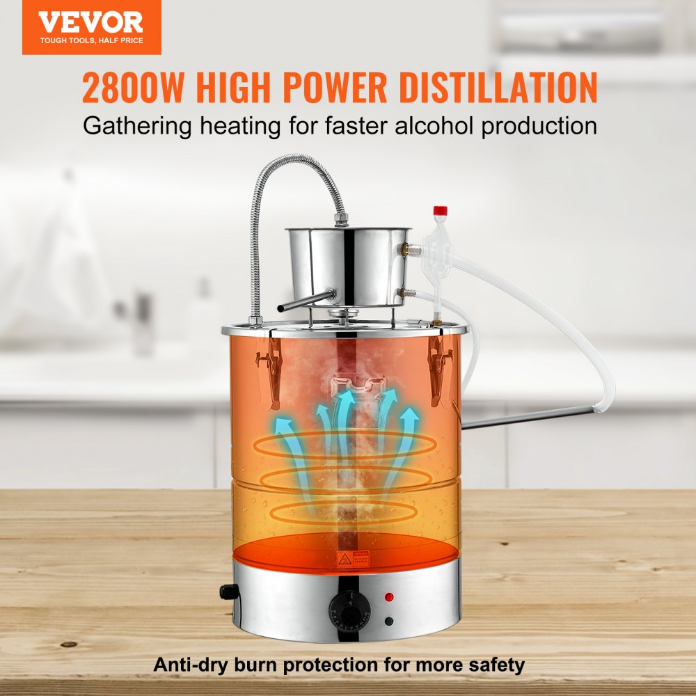 Alcohol Still, 15 Gal 50L Water Alcohol Distiller, Home Distillery Kit include Stainless Steel Tube & Pump & One-way Exhaust Valve & Thermometer (30-120℃ ) for DIY Whisky Wine Brandy, Silver