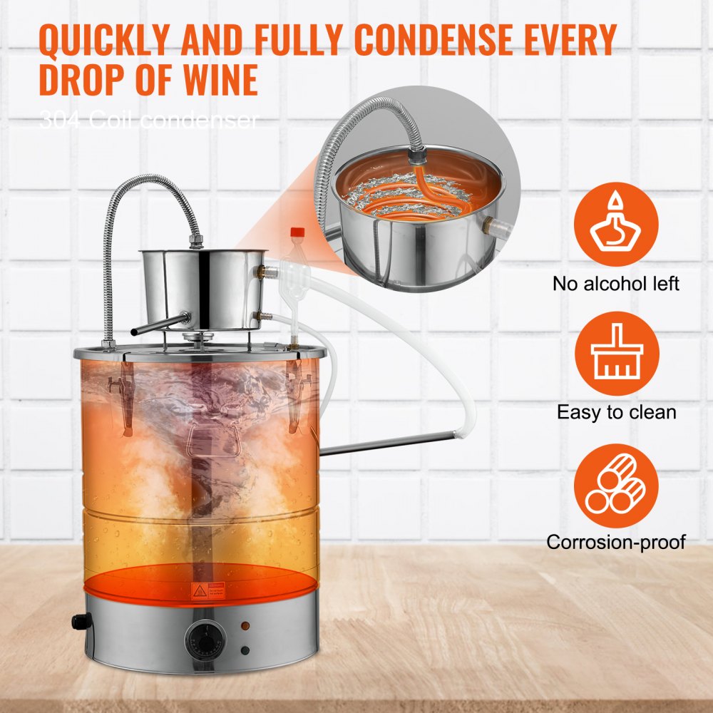 Alcohol Still, 15 Gal 50L Water Alcohol Distiller, Home Distillery Kit include Stainless Steel Tube & Pump & One-way Exhaust Valve & Thermometer (30-120℃ ) for DIY Whisky Wine Brandy, Silver
