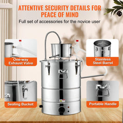 Alcohol Still, 15 Gal 50L Water Alcohol Distiller, Home Distillery Kit include Stainless Steel Tube & Pump & One-way Exhaust Valve & Thermometer (30-120℃ ) for DIY Whisky Wine Brandy, Silver