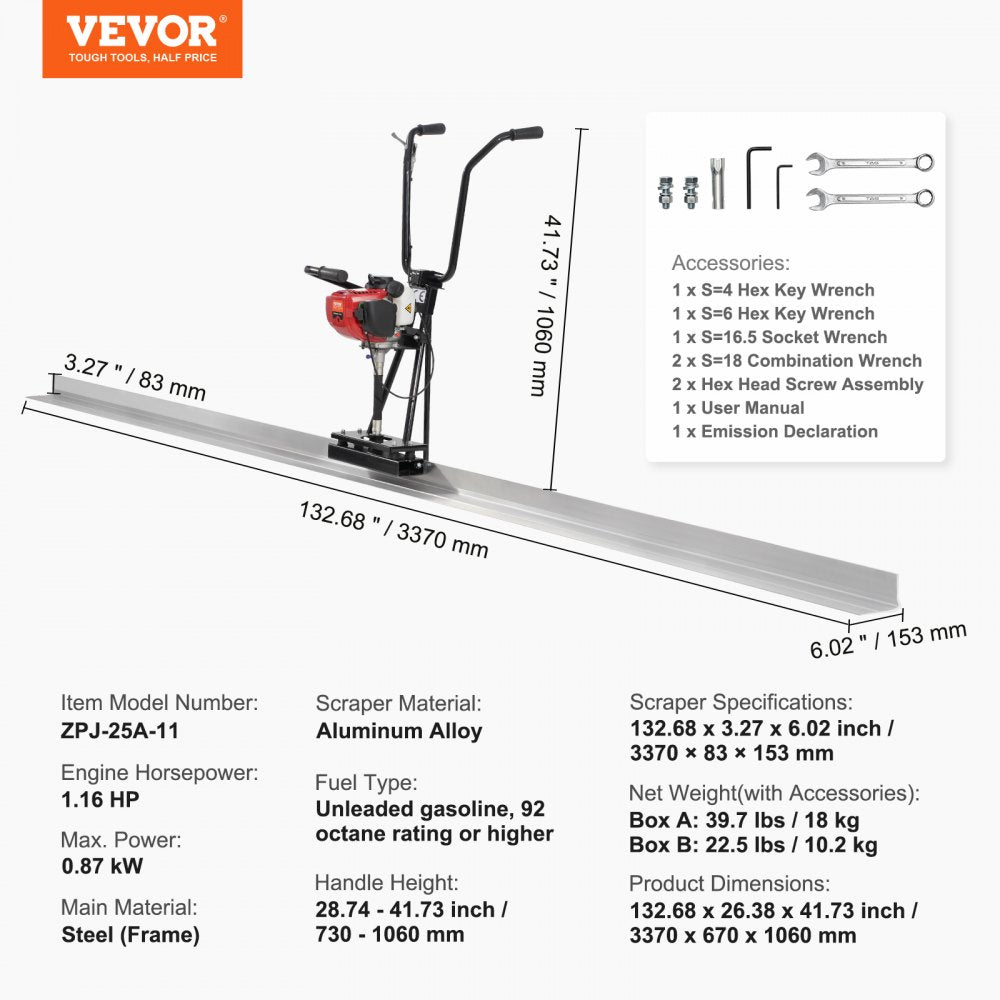 Bostome Gas Concrete Power Screed with 11ft aluminum board and 1.16HP motor for leveling concrete.