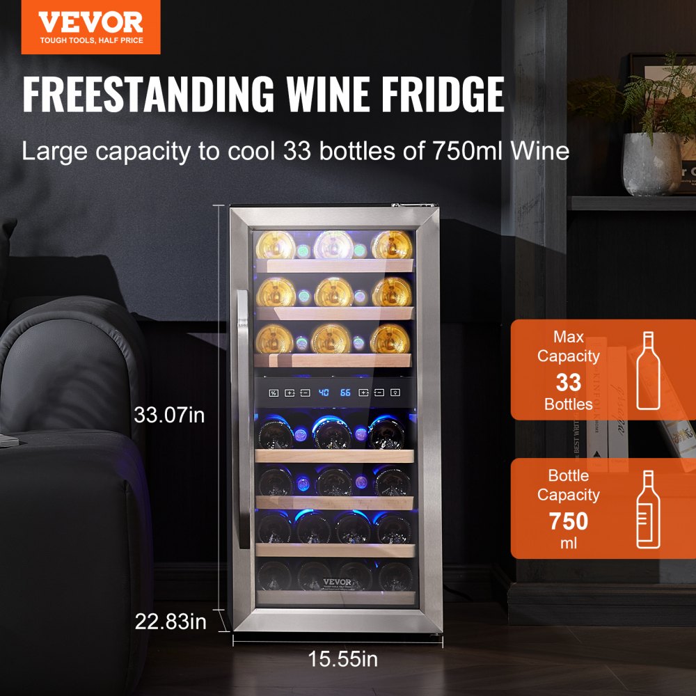 33-Bottle Wine Cooler Dual Zone Freestanding Refrigerator with LED Light