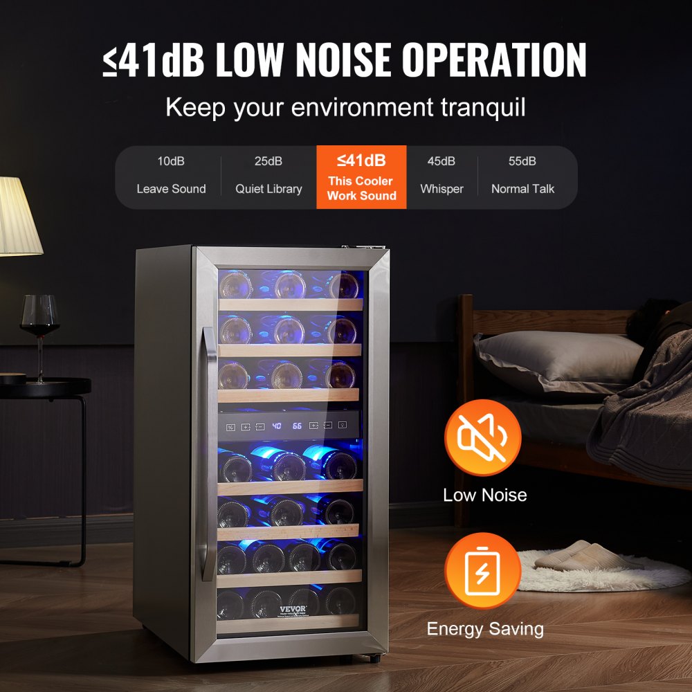 33-Bottle Wine Cooler Dual Zone Freestanding Refrigerator with LED Light