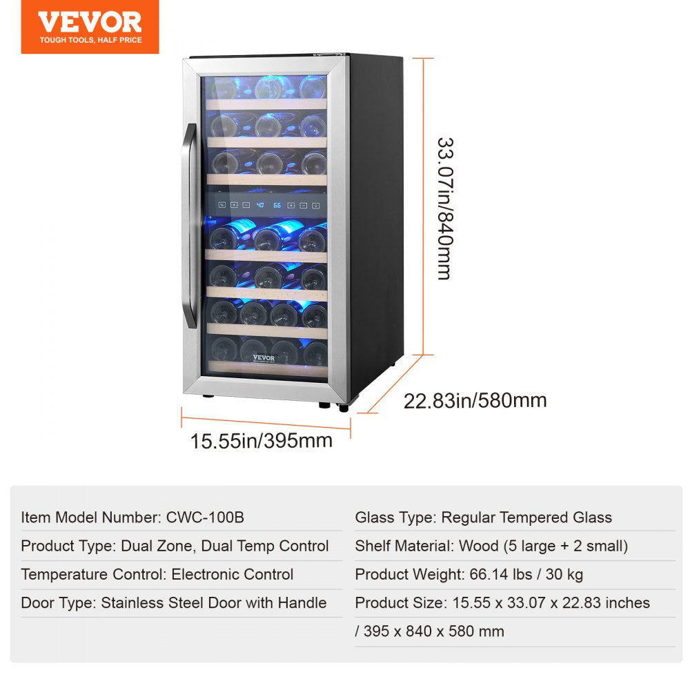 33-Bottle Wine Cooler Dual Zone Freestanding Refrigerator with LED Light