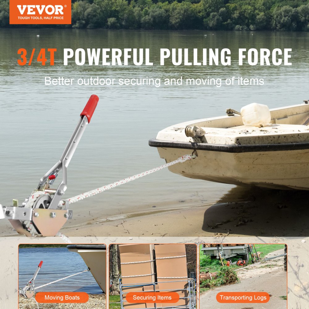 Rope Puller, 3/4 Ton (1,653 lbs) Pulling Capacity, with 100` of 0.6" dia. Rope, 2 Hook, Come Along Winch, Heavy Duty Ratchet Power Puller Tool for Moving Boats, Securing Items, Transporting Logs