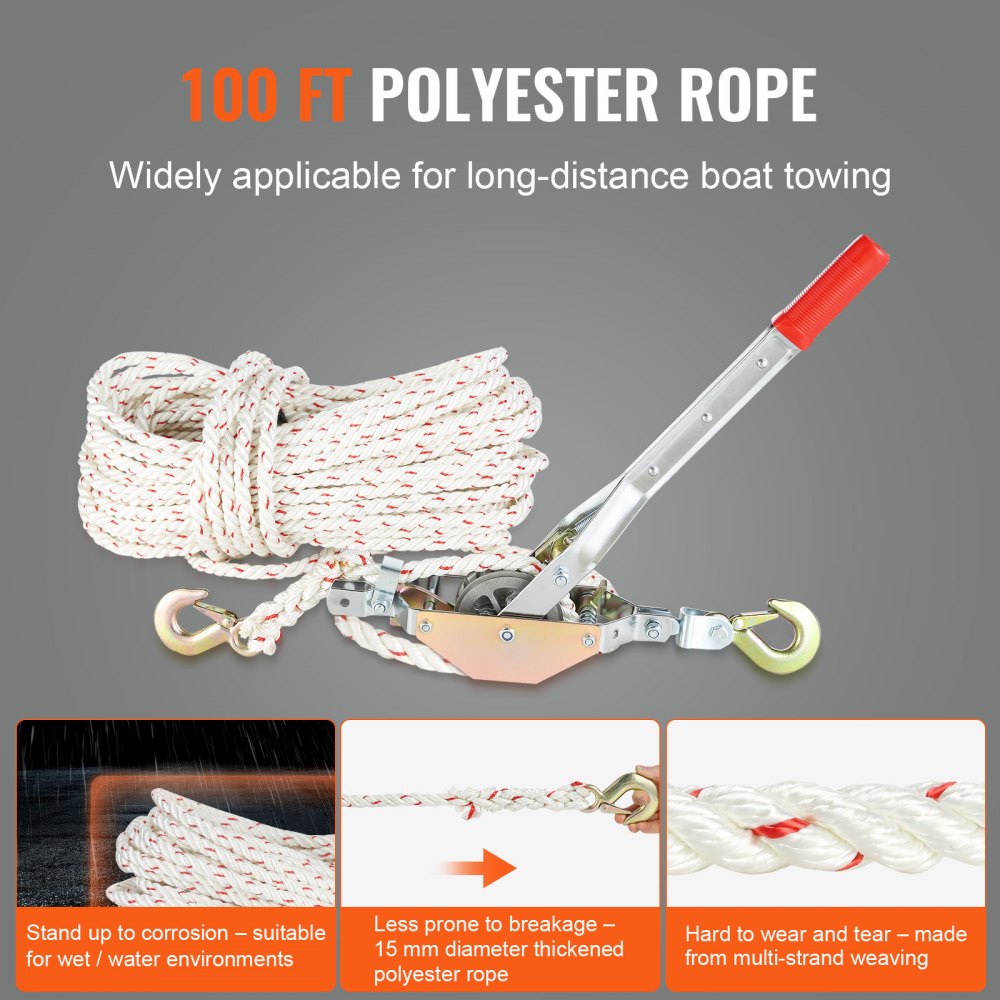 Rope Puller, 3/4 Ton (1,653 lbs) Pulling Capacity, with 100` of 0.6" dia. Rope, 2 Hook, Come Along Winch, Heavy Duty Ratchet Power Puller Tool for Moving Boats, Securing Items, Transporting Logs