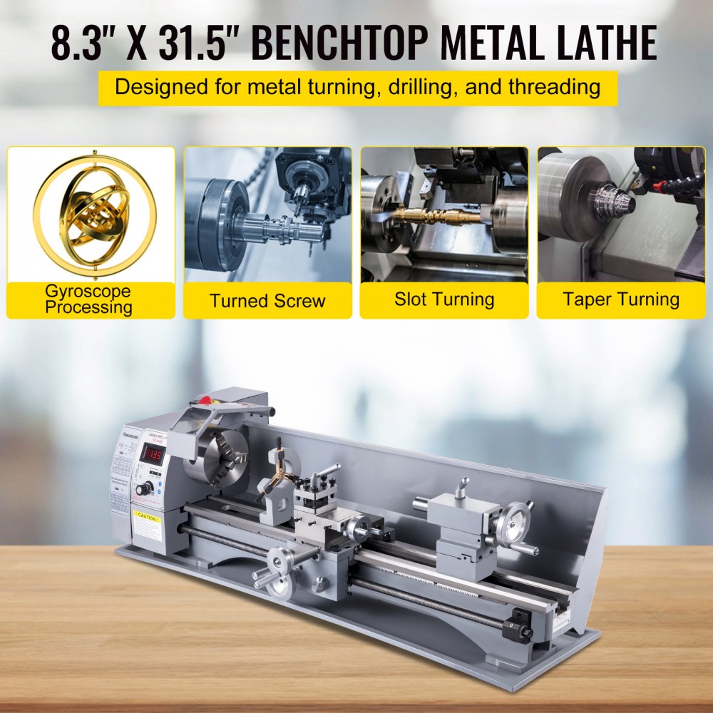 Compact gray metal lathe machine with digital display on wooden benchtop.
