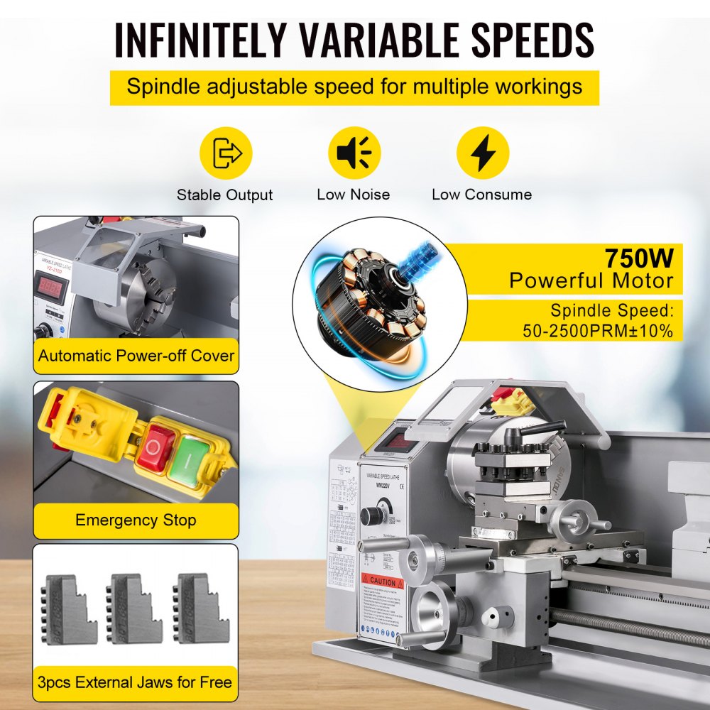 A gray metal lathe with a digital display, emergency stop, and three external jaws.