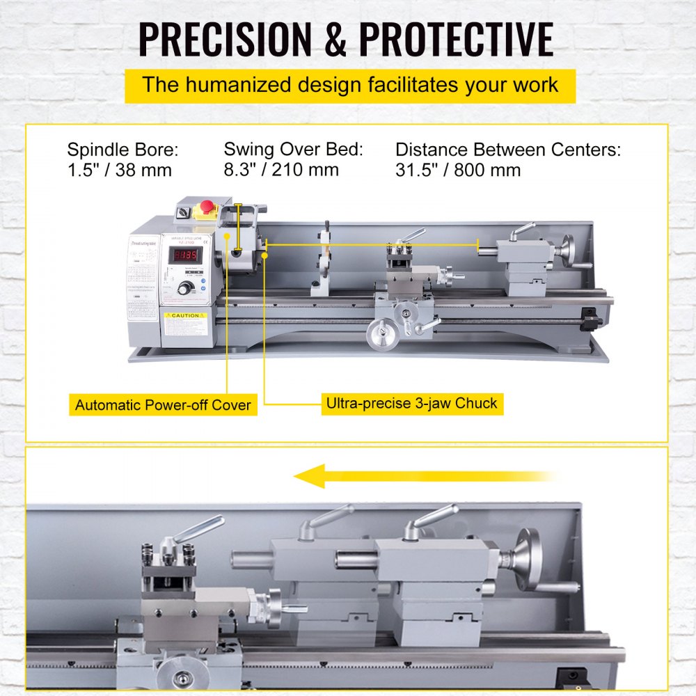 Bostome 8.3" x 31.5" mini metal lathe with 750W variable speed motor, 38mm spindle bore, and 800mm capacity.