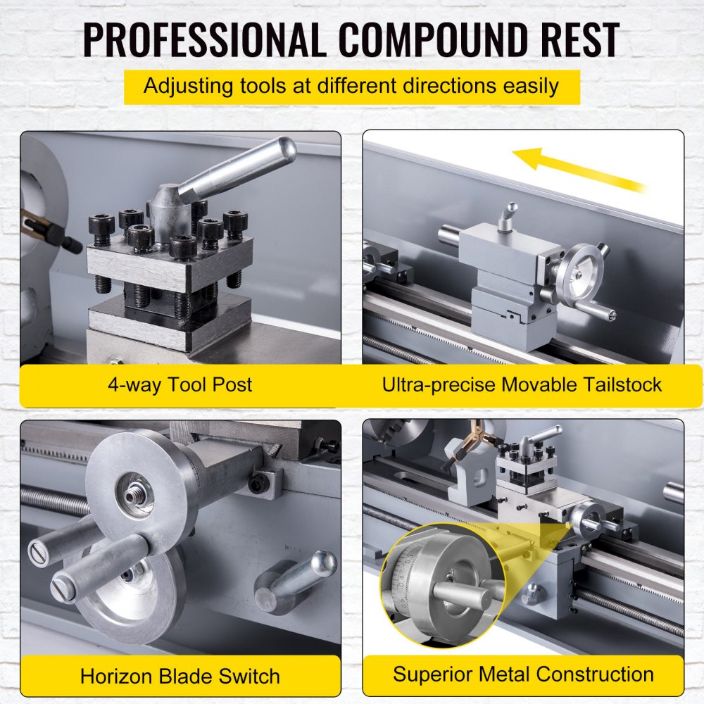 Compact mini metal lathe with 750W variable speed motor, 4-way tool post, and adjustable tailstock.