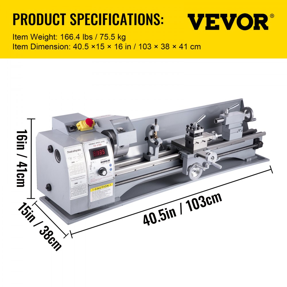 A gray metal lathe with product specifications and dimensions displayed.