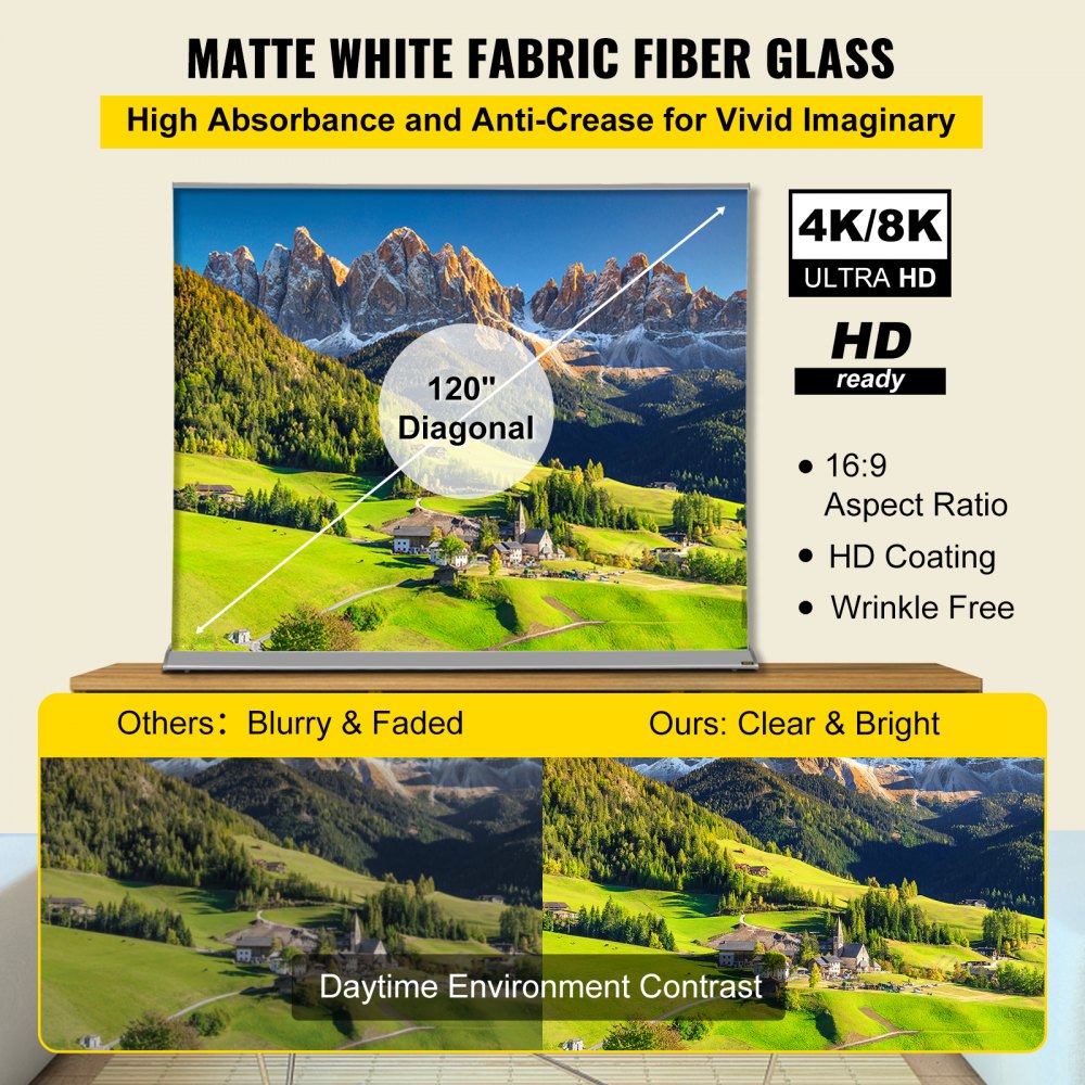Projector Screen, 120" 16:9, Manual Pull Up Projector Screen, Portable Floor-Rising Screen 4K/8K Ultra HDR, Indoor Outdoor Movie Screen w/ Storage Bag for Home Backyard Theater Office