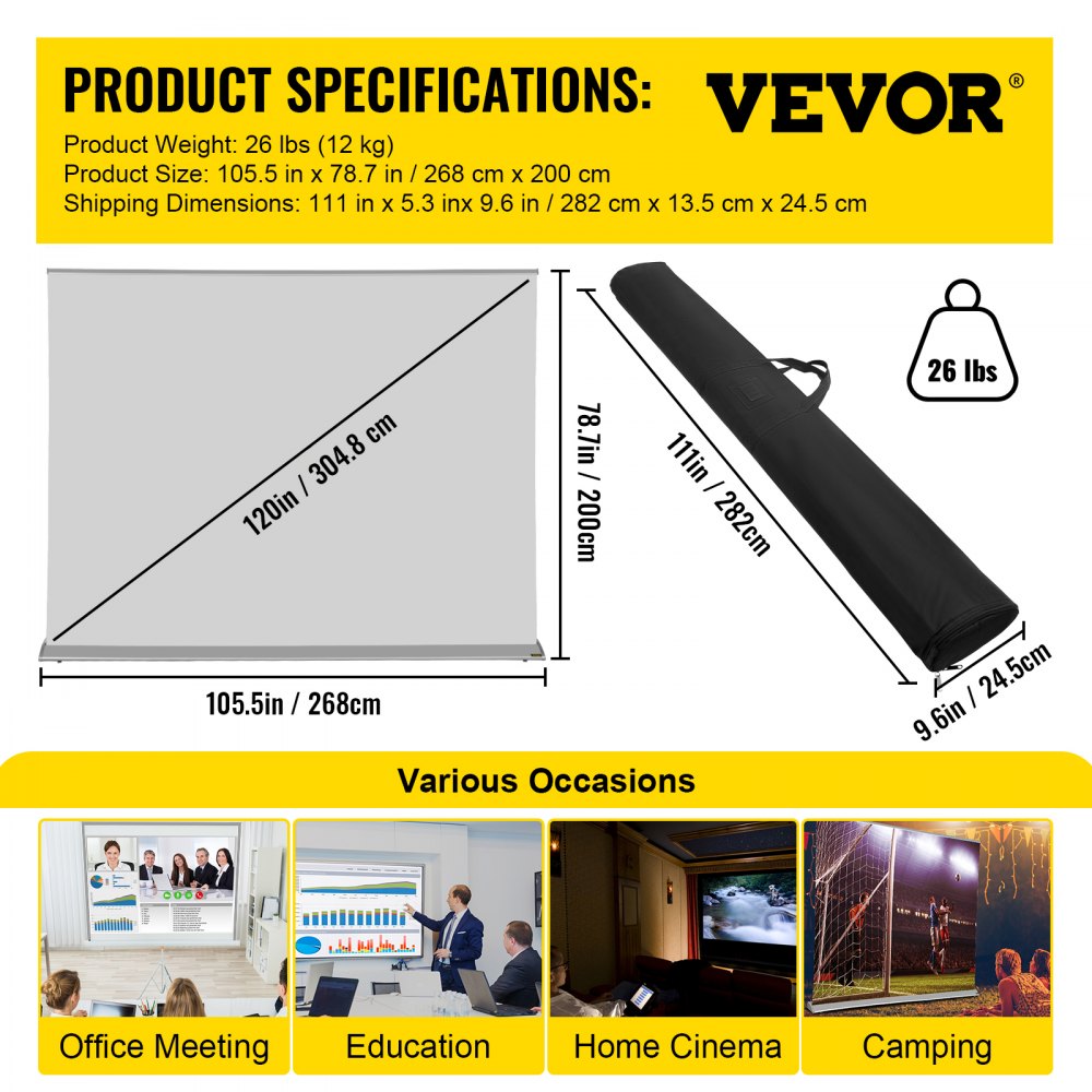 Projector Screen, 120" 16:9, Manual Pull Up Projector Screen, Portable Floor-Rising Screen 4K/8K Ultra HDR, Indoor Outdoor Movie Screen w/ Storage Bag for Home Backyard Theater Office