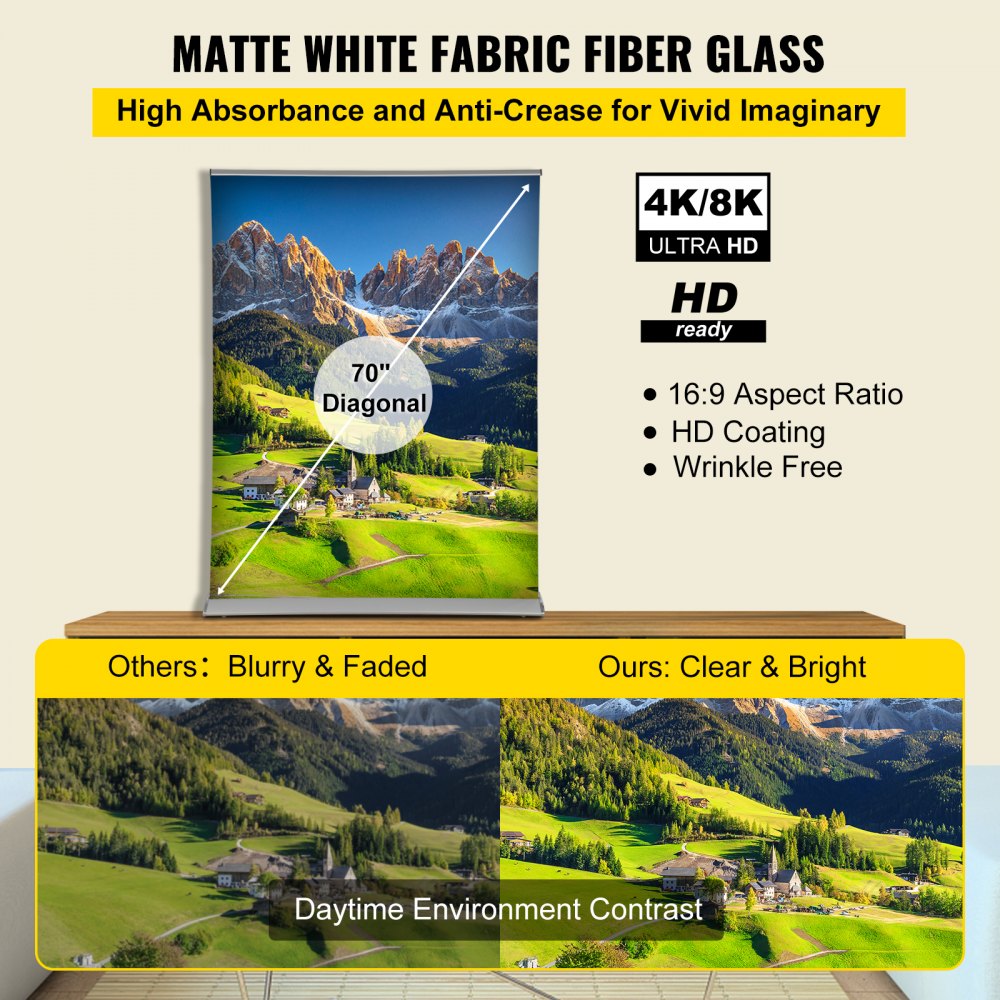 Manual Pull Up Projector Screen 70inch 16:9 Projector Screen Free Standing 4K/8K, Portable Floor-Rising Projection Screen Ultra HDR with Storage Bag for Home Backyard Theater Office
