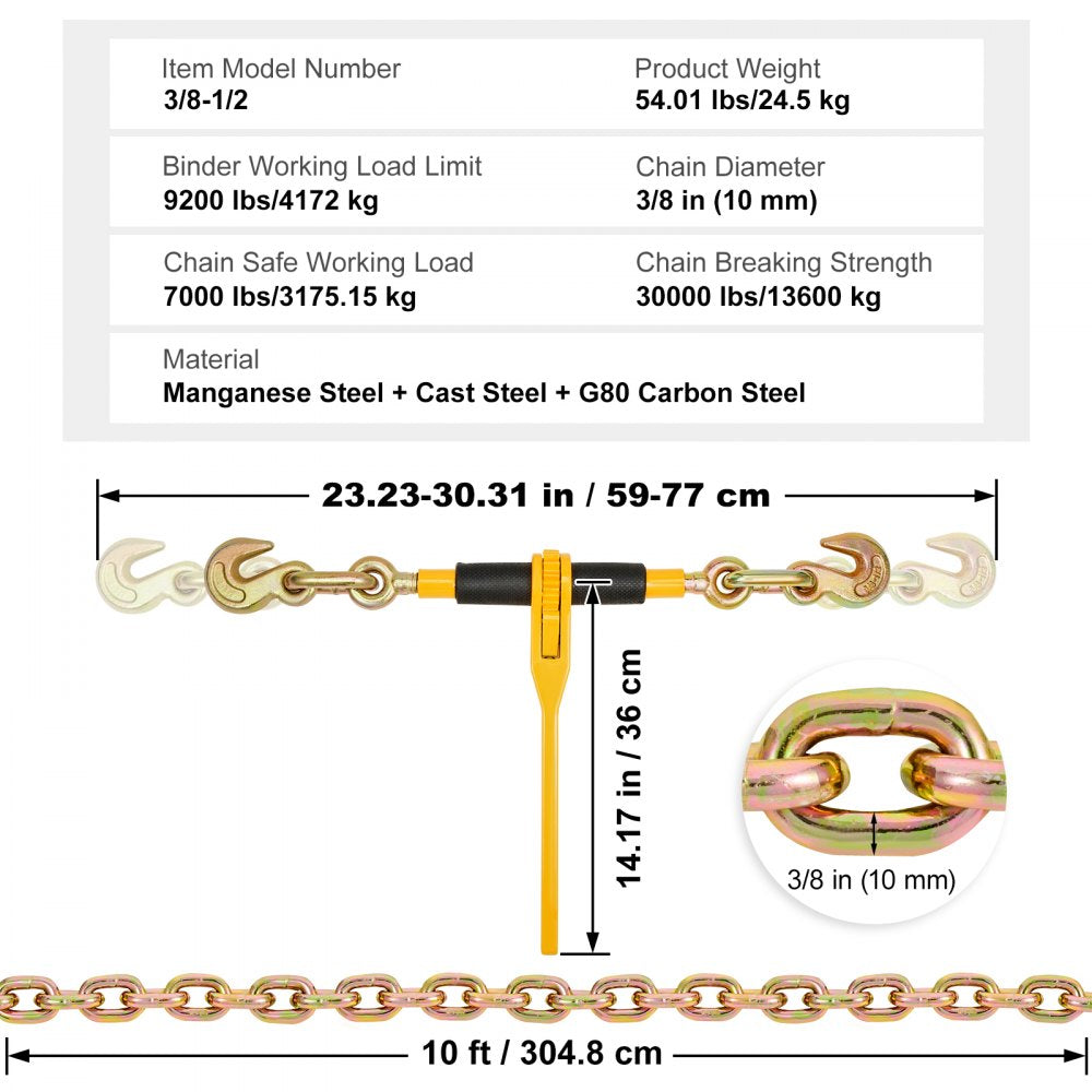 Chain and Binder Kit 3/8"-1/2" Ratchet Load Binder 3/8" x 10` Chain 2 Pack