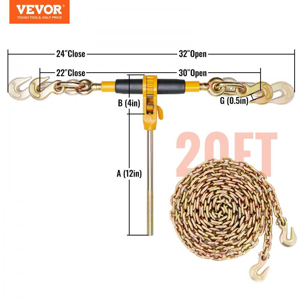 Ratchet Chain Binder, 5/16"-3/8" Heavy Duty Load Binders, with G80 Chains 7100 lbs Secure Load Limit, Labor-saving Anti-skid Handle, Tie Down Hauling Chain Binders for Flatbed Truck Trailer, 4 P