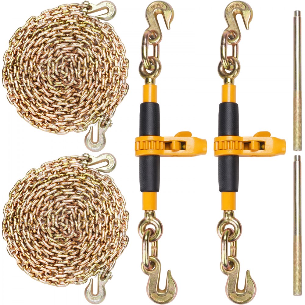 Ratchet Chain Binder 2PCS, 3/8"-1/2" Heavy Duty Load Binders, with G80 Chains 12000 lbs Secure Load Limit, Labor-saving Anti-skid Handle, Tie Down Hauling Chain Binders for Flatbed Truck Trailer