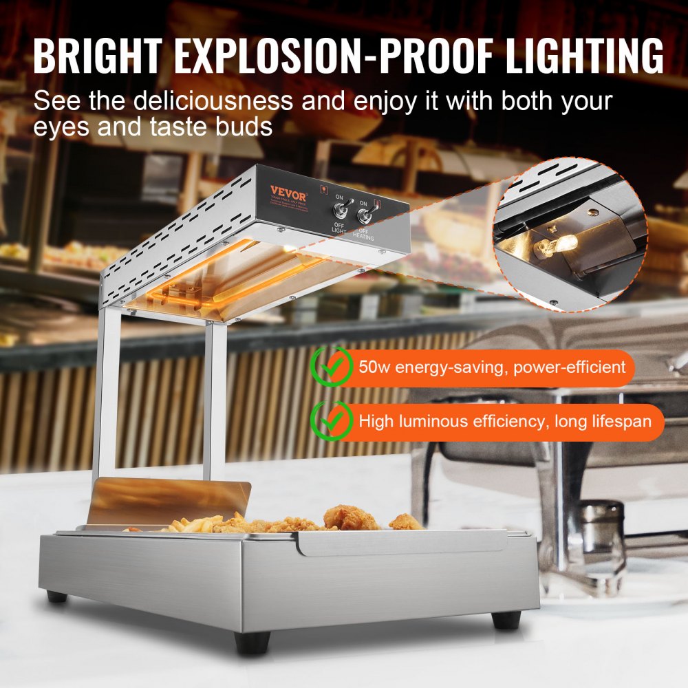 French Fry Food Warmer, 750W Commercial Food Heating Lamp, Electric Stainless Steel Warming Light Dump Station, Countertop 104-122°F Fries Food Warmer for Chip Buffet Kitchen Restaurant, Silver