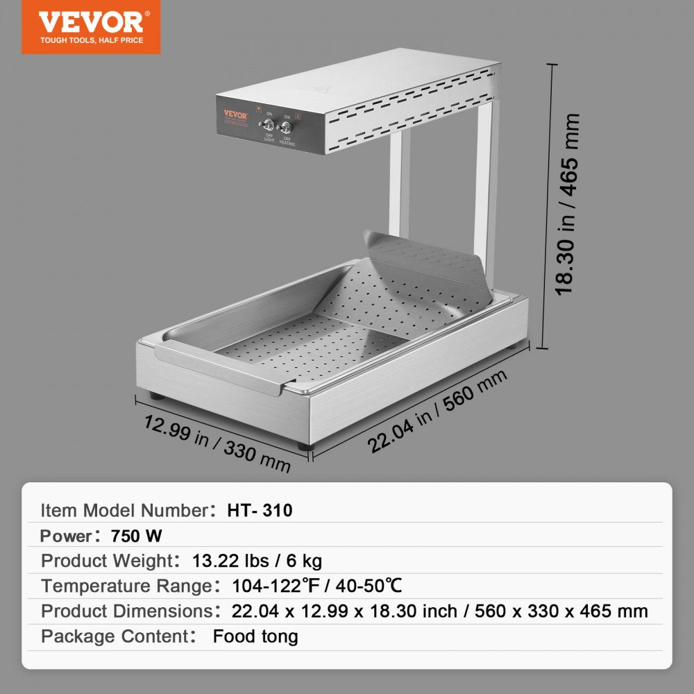 French Fry Food Warmer, 750W Commercial Food Heating Lamp, Electric Stainless Steel Warming Light Dump Station, Countertop 104-122°F Fries Food Warmer for Chip Buffet Kitchen Restaurant, Silver