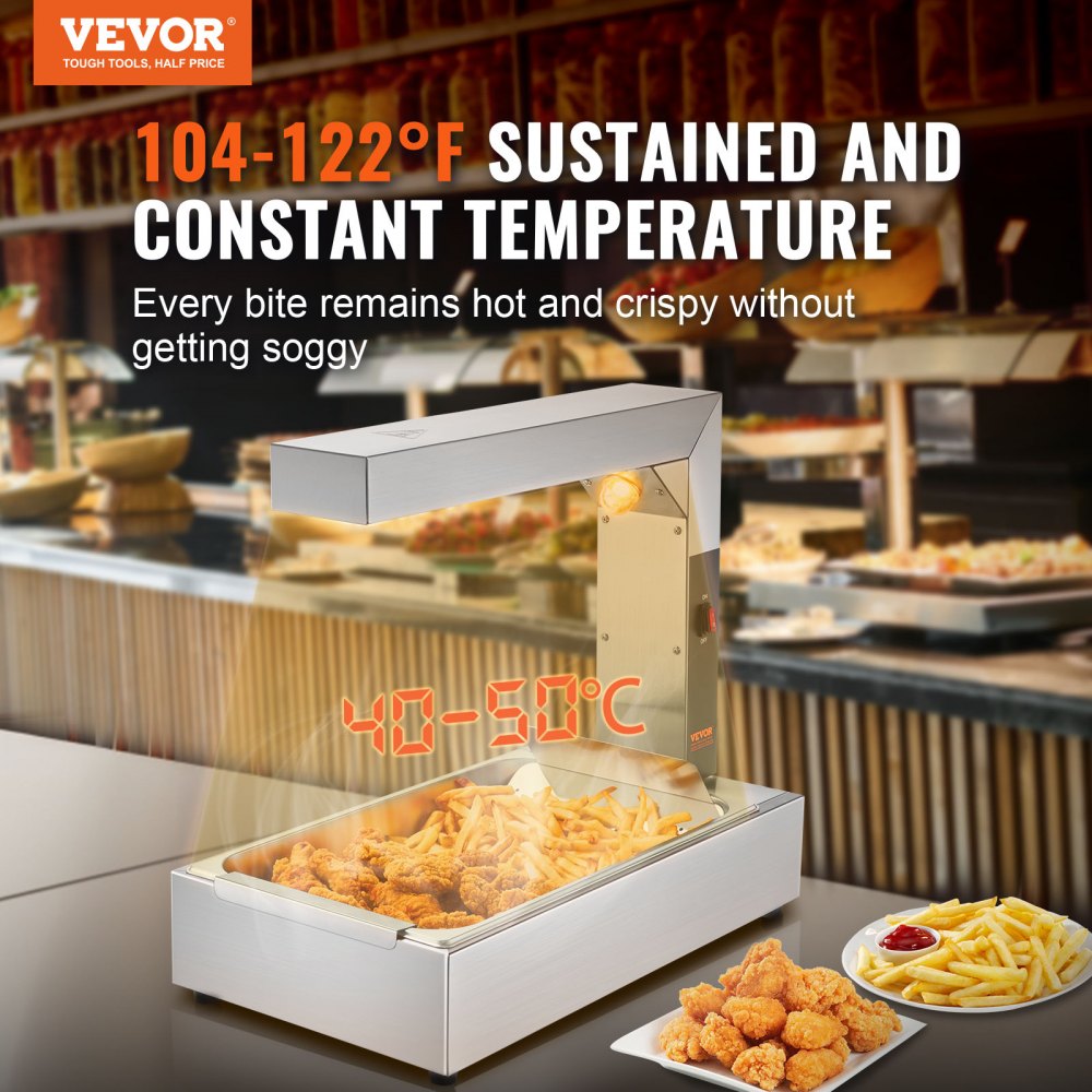 French Fry Food Warmer, 750W Commercial Food Heating Lamp, Electric Stainless Steel Warming Light Dump Station, Countertop 104-122°F Fries Food Warmer for Chip Buffet Kitchen Restaurant, Silver