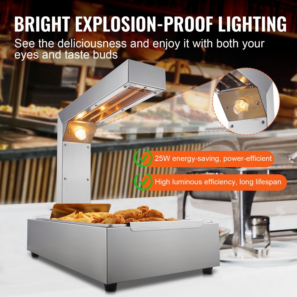 French Fry Food Warmer, 750W Commercial Food Heating Lamp, Electric Stainless Steel Warming Light Dump Station, Countertop 104-122°F Fries Food Warmer for Chip Buffet Kitchen Restaurant, Silver