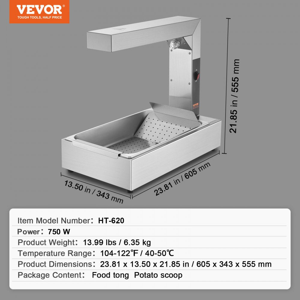 French Fry Food Warmer, 750W Commercial Food Heating Lamp, Electric Stainless Steel Warming Light Dump Station, Countertop 104-122°F Fries Food Warmer for Chip Buffet Kitchen Restaurant, Silver