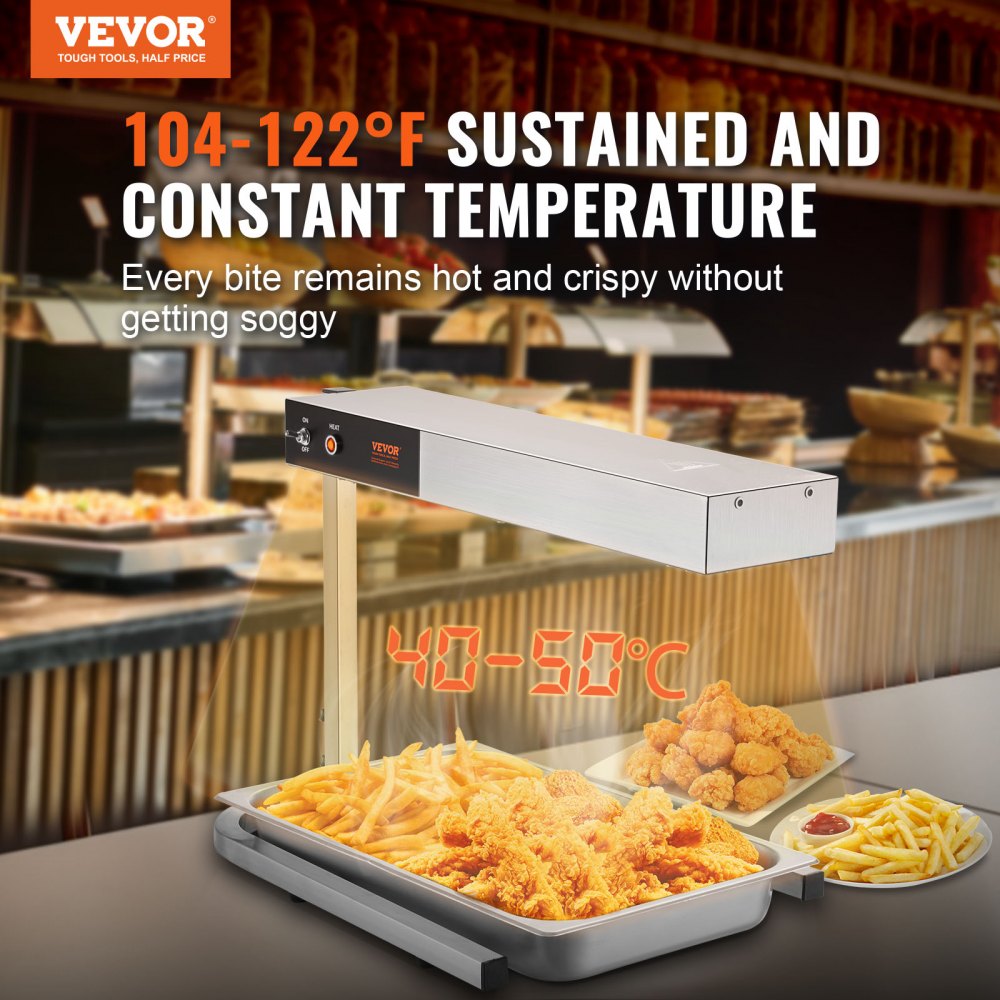 French Fry Food Warmer, 750W Commercial Strip Food Heating Lamp, Electric Stainless Steel Warming Light Dump Station, Countertop 104-122°F Fries Warmer for Chip Buffet Kitchen Restaurant, Silver