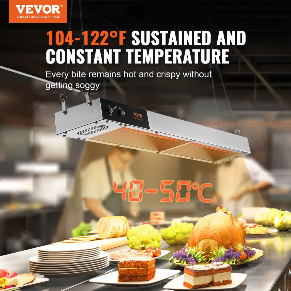 French Fry Food Warmer, 850W Commercial Strip Food Heating Lamp, Electric Stainless Steel Warming Light Dump Station, Overhead 104-122°F Fries Warmer for Chip Buffet Kitchen Restaurant, Silver