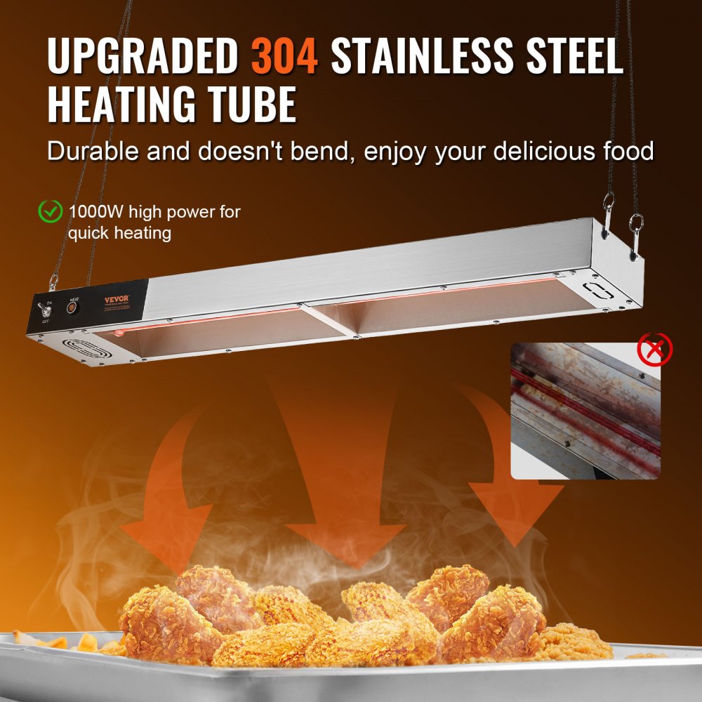 French Fry Food Warmer, 850W Commercial Strip Food Heating Lamp, Electric Stainless Steel Warming Light Dump Station, Overhead 104-122°F Fries Warmer for Chip Buffet Kitchen Restaurant, Silver