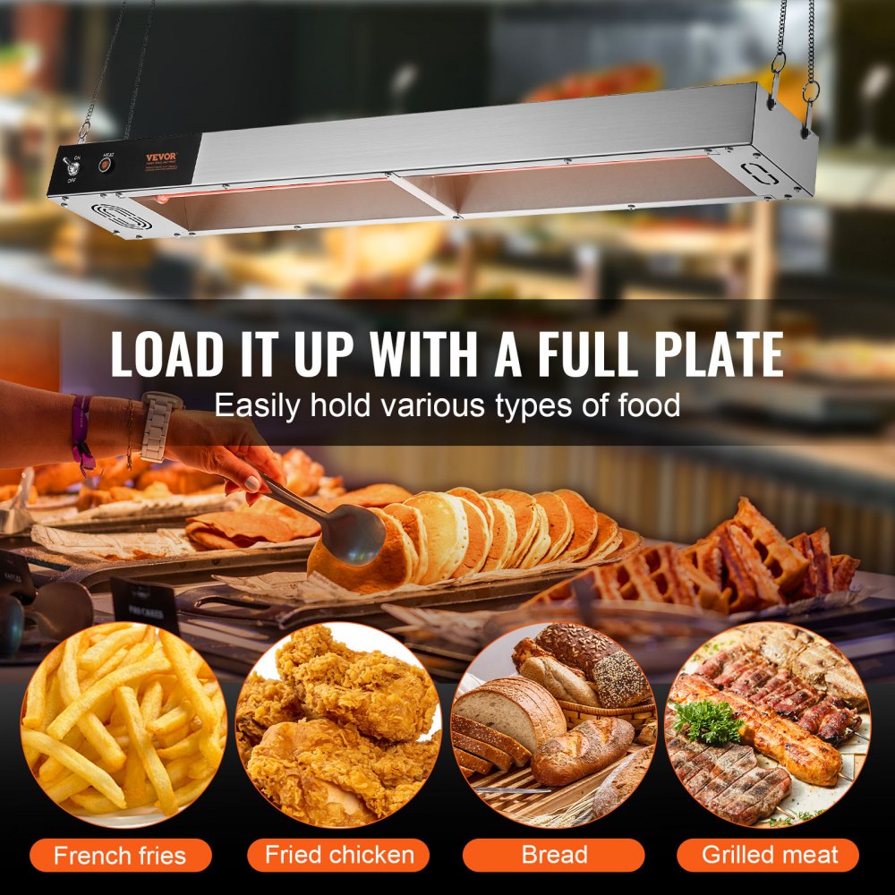 French Fry Food Warmer, 850W Commercial Strip Food Heating Lamp, Electric Stainless Steel Warming Light Dump Station, Overhead 104-122°F Fries Warmer for Chip Buffet Kitchen Restaurant, Silver
