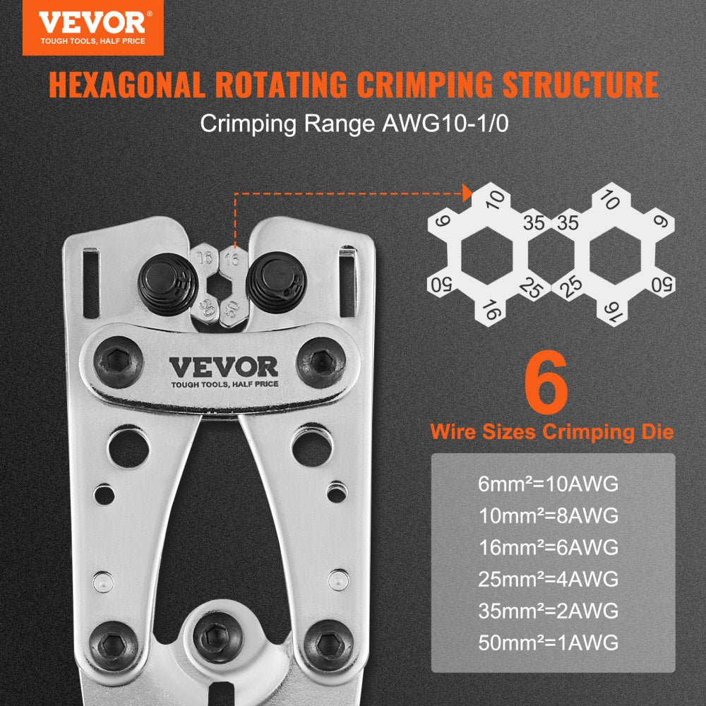 Crimping Tool, AWG10-1/0 Copper And Aluminum Terminal Battery Lug Crimper, 6 Wire Sizes Crimping Die, with a Cutting Pliers, Gloves, 95pcs Copper Ring Connectors, and 100pcs Heat Shrink Tubes