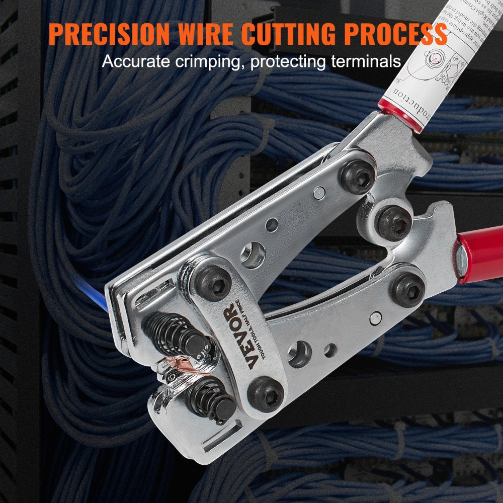Crimping Tool, AWG10-1/0 Copper And Aluminum Terminal Battery Lug Crimper, 6 Wire Sizes Crimping Die, with a Cutting Pliers, Gloves, 95pcs Copper Ring Connectors, and 100pcs Heat Shrink Tubes